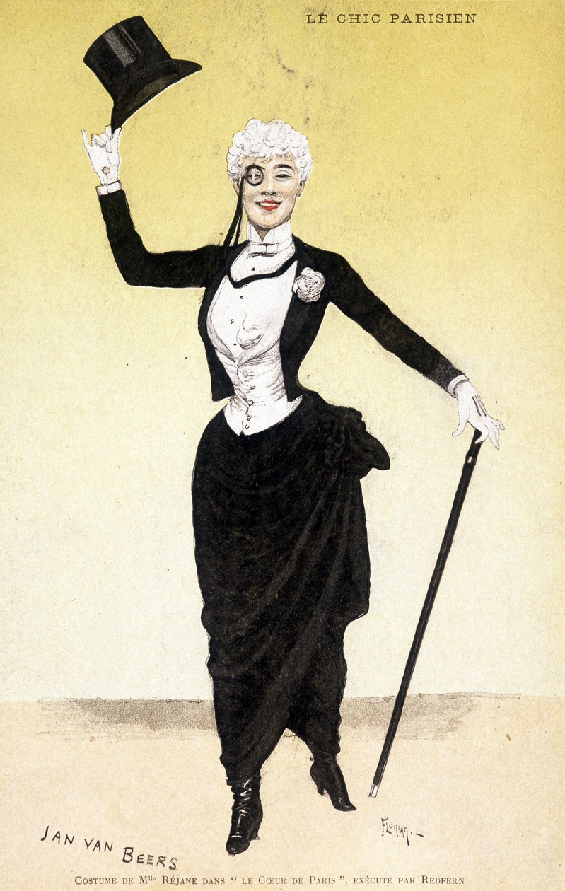 Den parisiske chic (dandy - dandysme): Mademoiselle Réjanes kostume i “The heart of Paris””. Kostume af modedesigner Jan Van Beers (1852-1927), udført af Redfern. Tegning af Florian. af Florian
