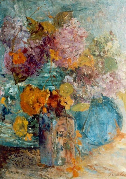 Hortensia og nasturtium i en glasvase af Floris Verster