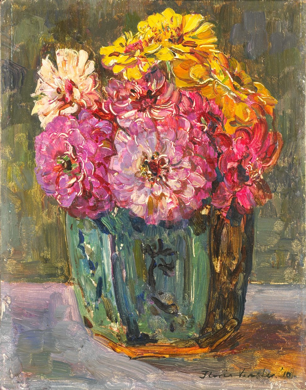 Stilleben med zinnias i en ingefærpotte. af Floris Verster