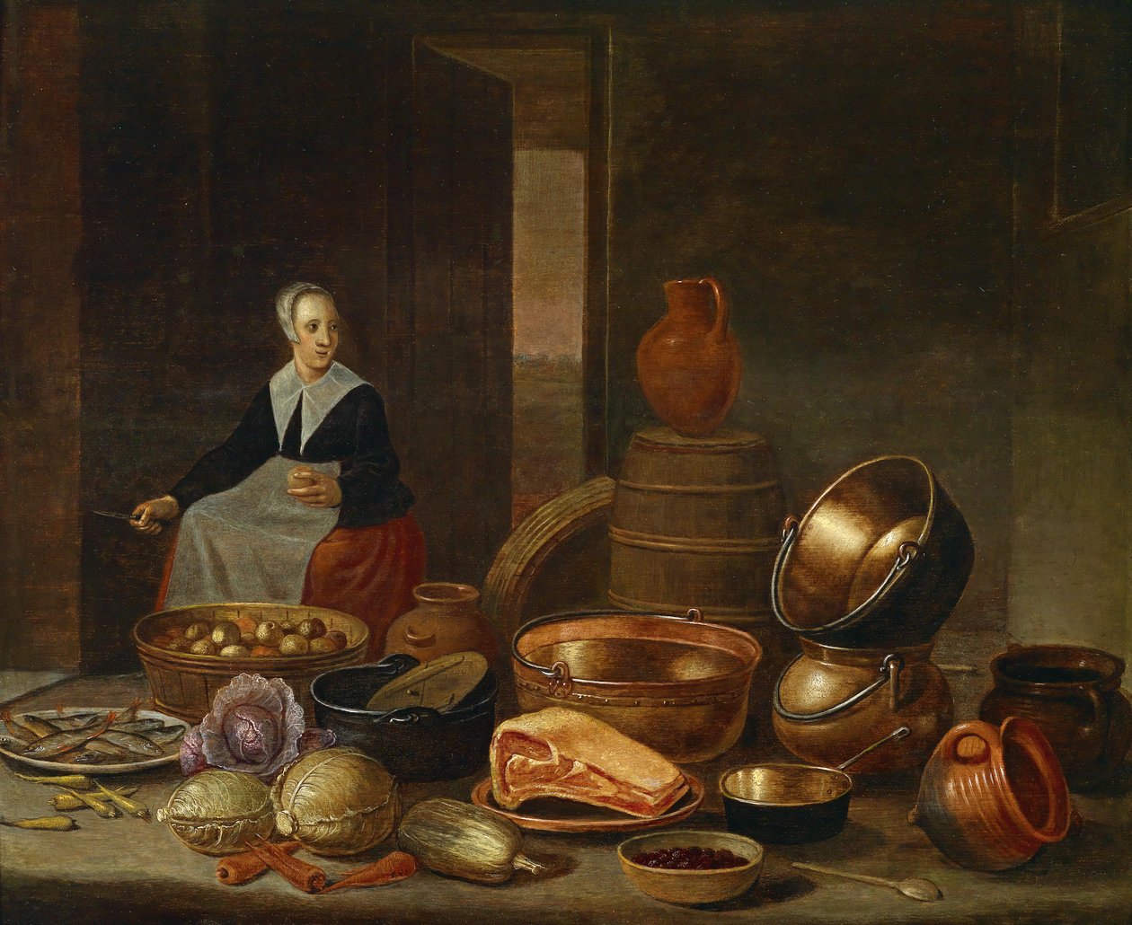 Køkkenindretning med stuepige af Floris Gerritsz van Schooten