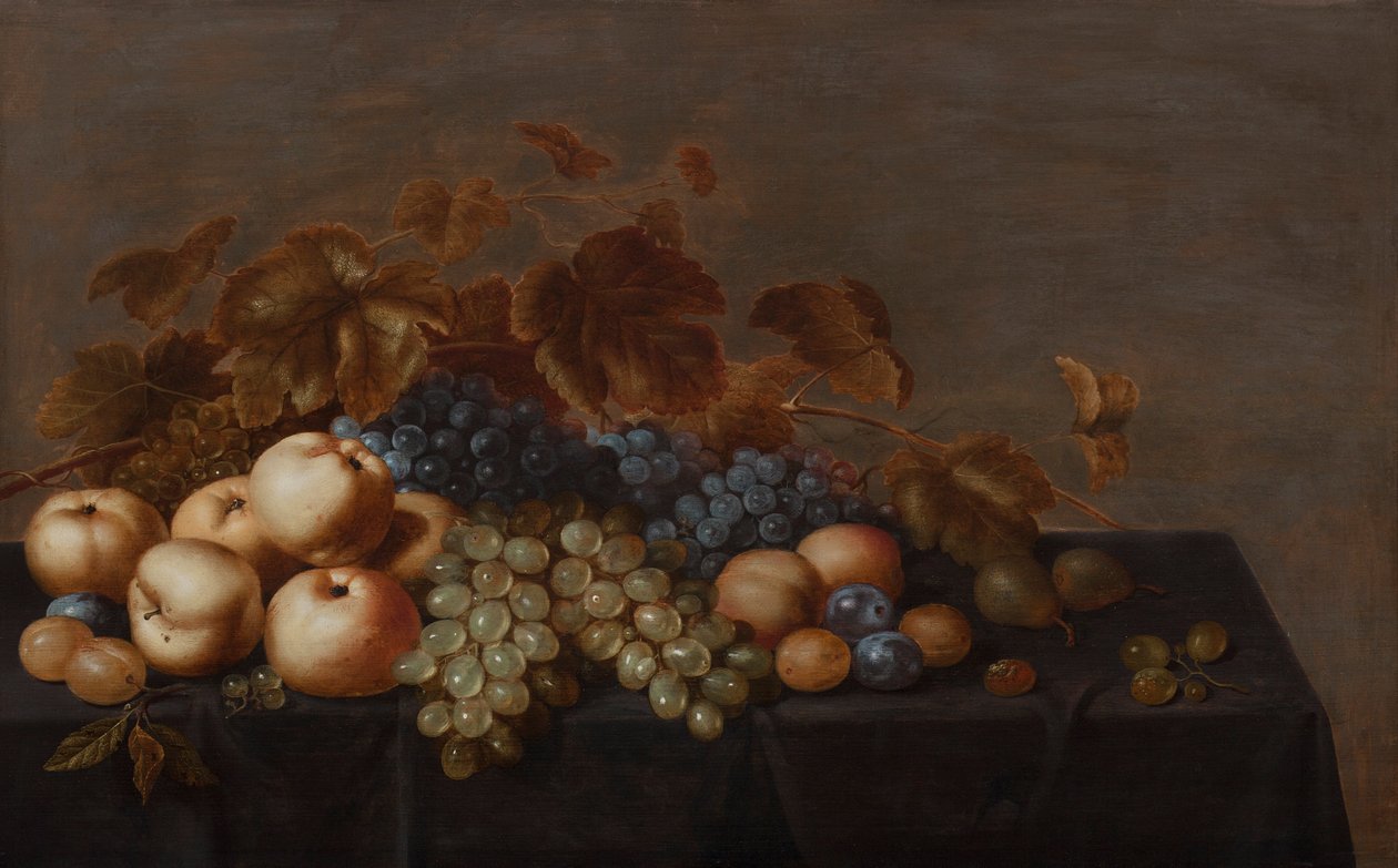 Stilleben med frugt på et bord dækket af et mørkt klæde: Blommer, æbler, klaser af sorte og hvide druer og pærer af Floris Gerritsz van Schooten