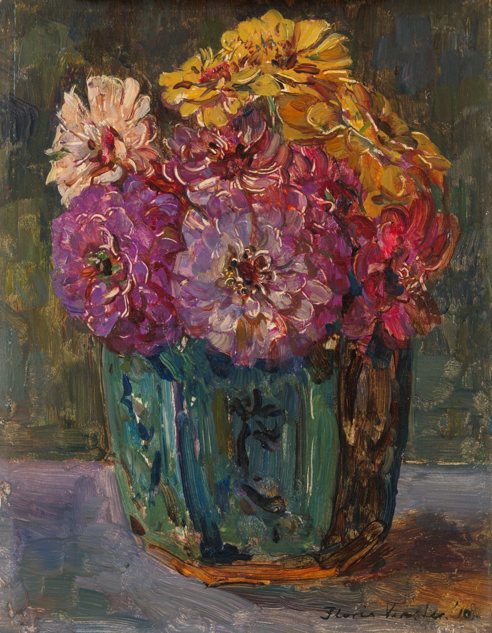 Stilleben med Zinnias i en grøn krukke af Floris Verster