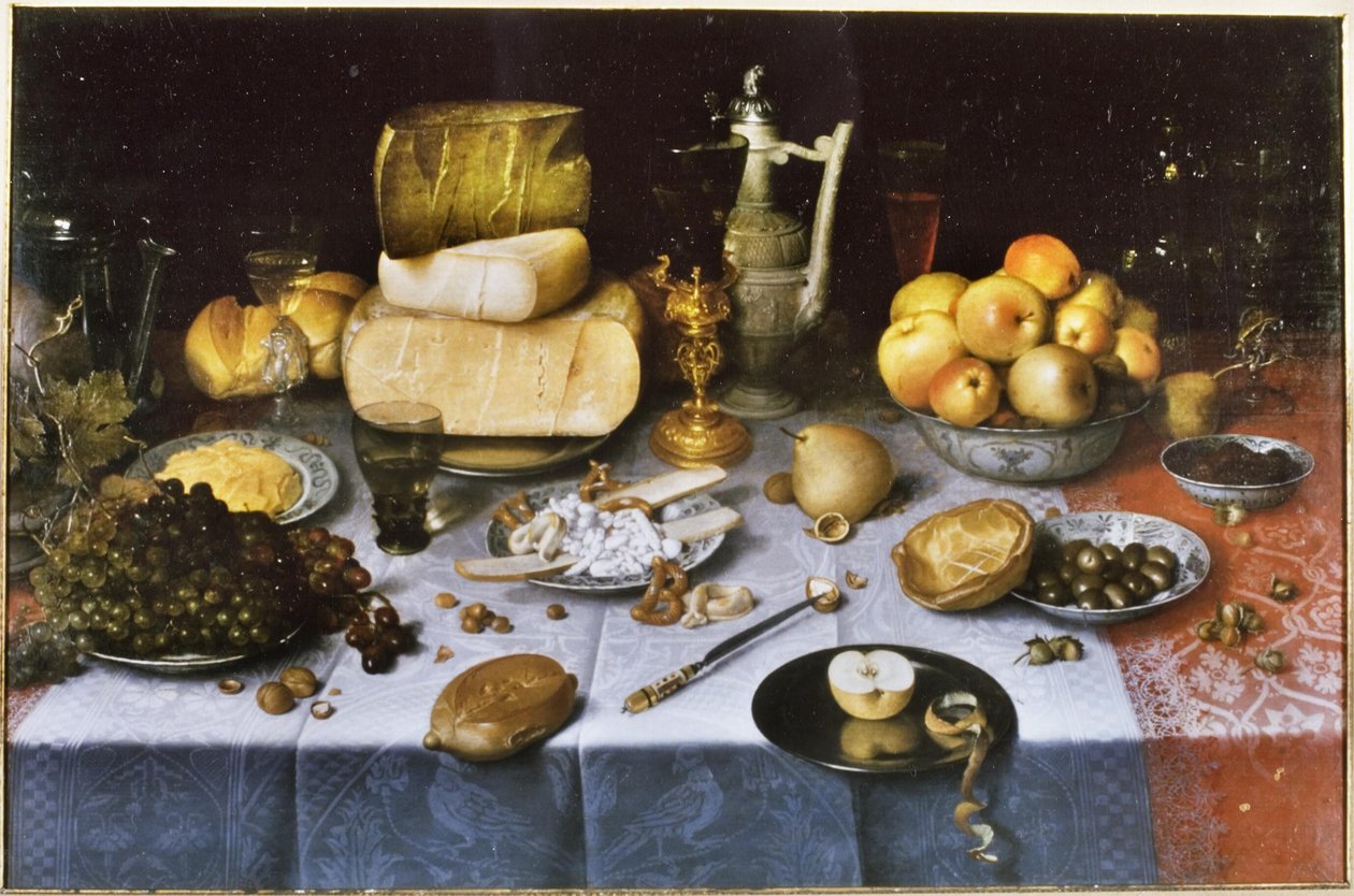 Hollandsk: Stilleben med frugt, ost, brød og vin Dækket bord med ost og frugt af Floris van Dyck