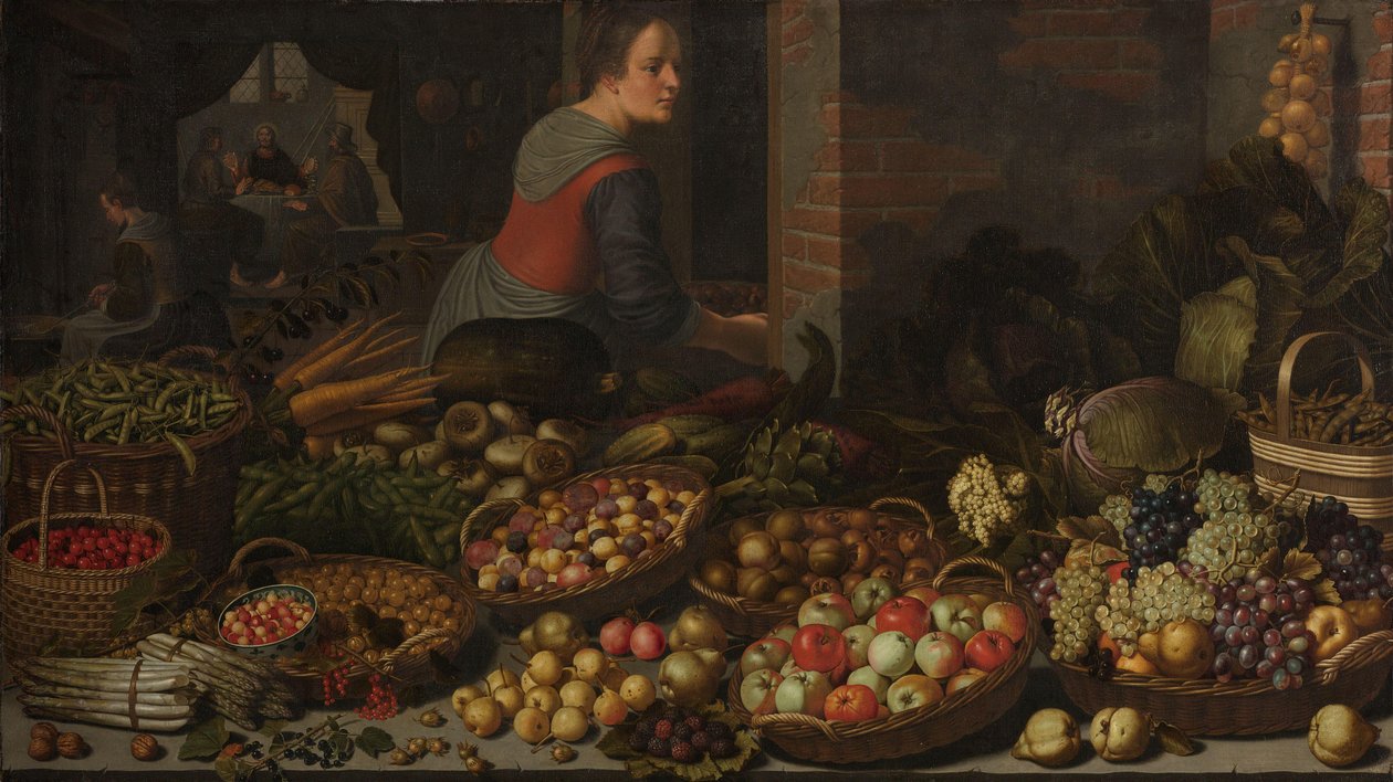 Stilleben med frugt og grøntsager, med Kristus ved Emmaus i baggrunden af Floris Gerritsz van Schooten