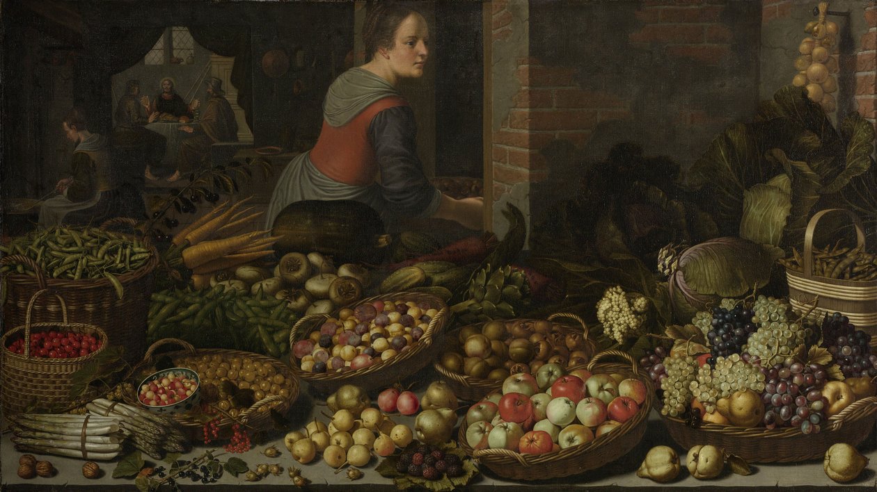 Stilleben med frugt og grøntsager, med Kristus ved Emmaus i baggrunden, ca. 1630 af Floris Gerritsz van Schooten