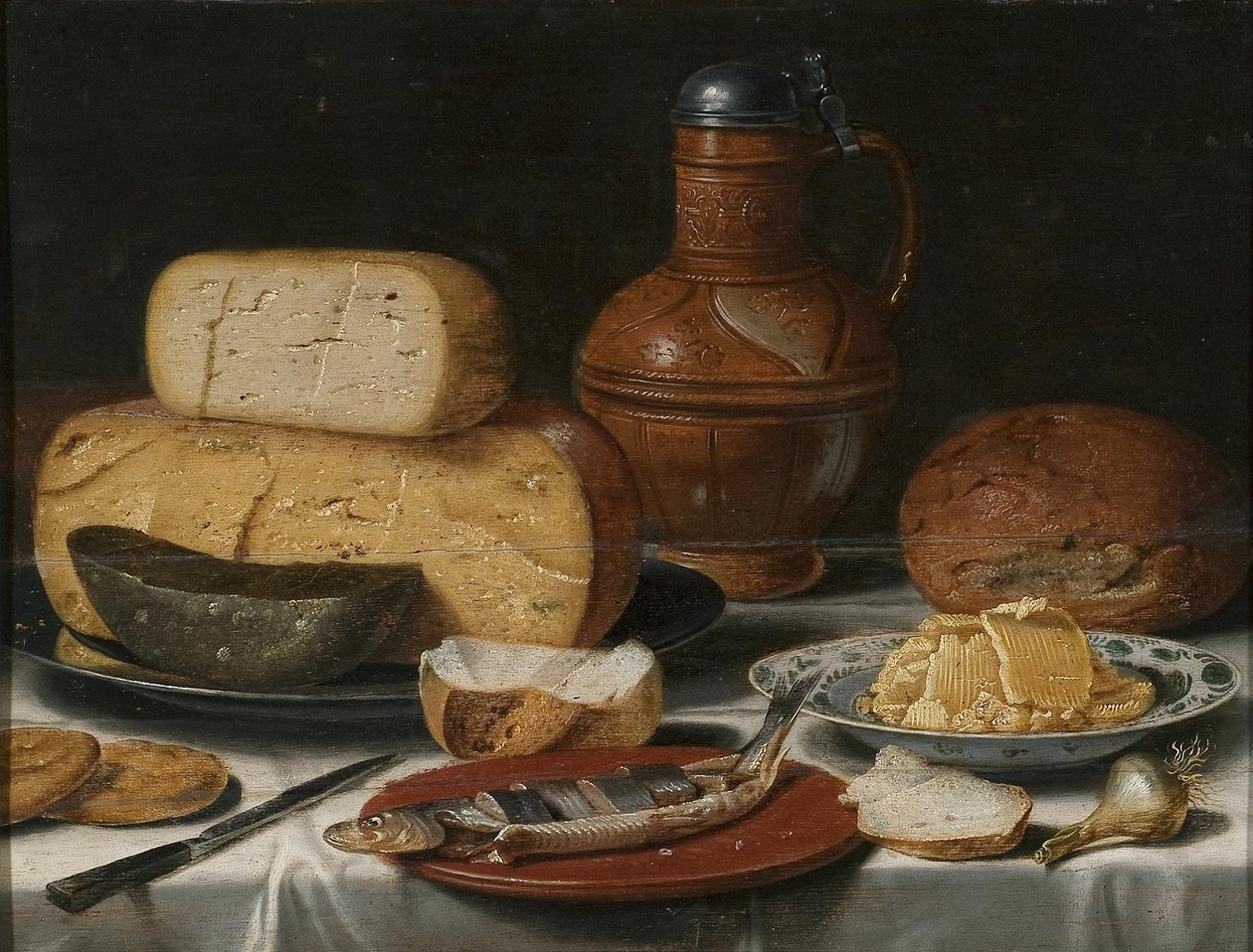 Stilleben med ost, sild, brød og vin af Floris van Schooten