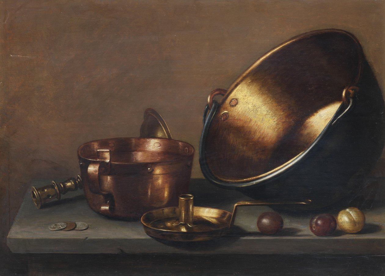 Stilleben med kobberpander, redskaber og blommer på en stenkant af Floris van Schooten