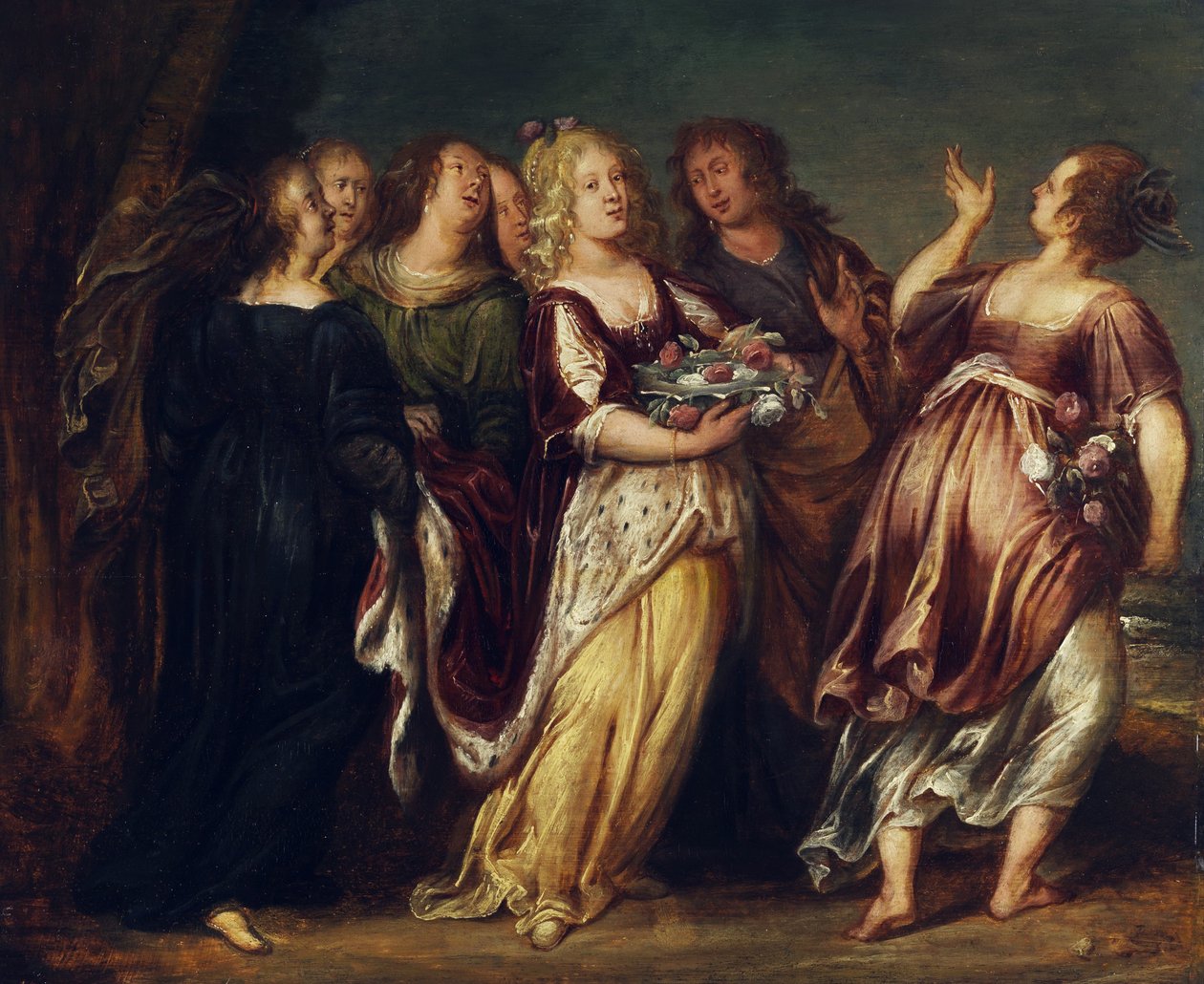 Ung hersker i følgeskab af seks piger, der bærer en skål med blomster af Follower of Abraham Janssens