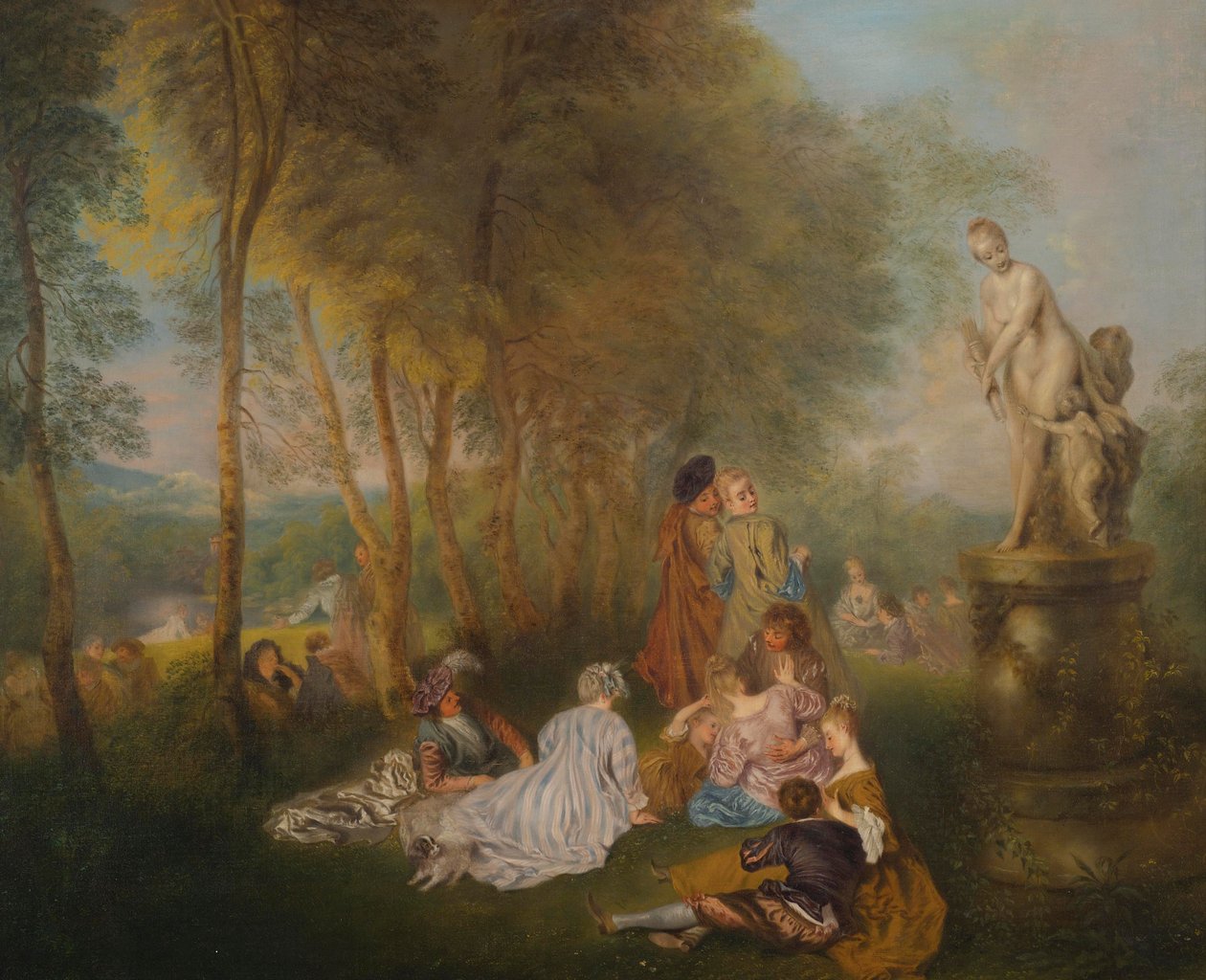 Fête galante med en statue af Venus af Follower of Antoine Watteau