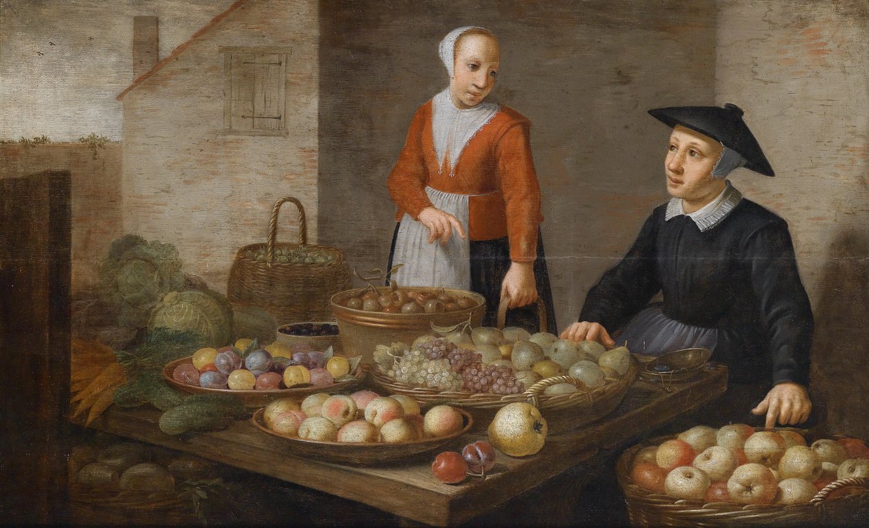 Markedsscene med to kvindelige sælgere af frugt og grønt af Follower of Floris van Schooten