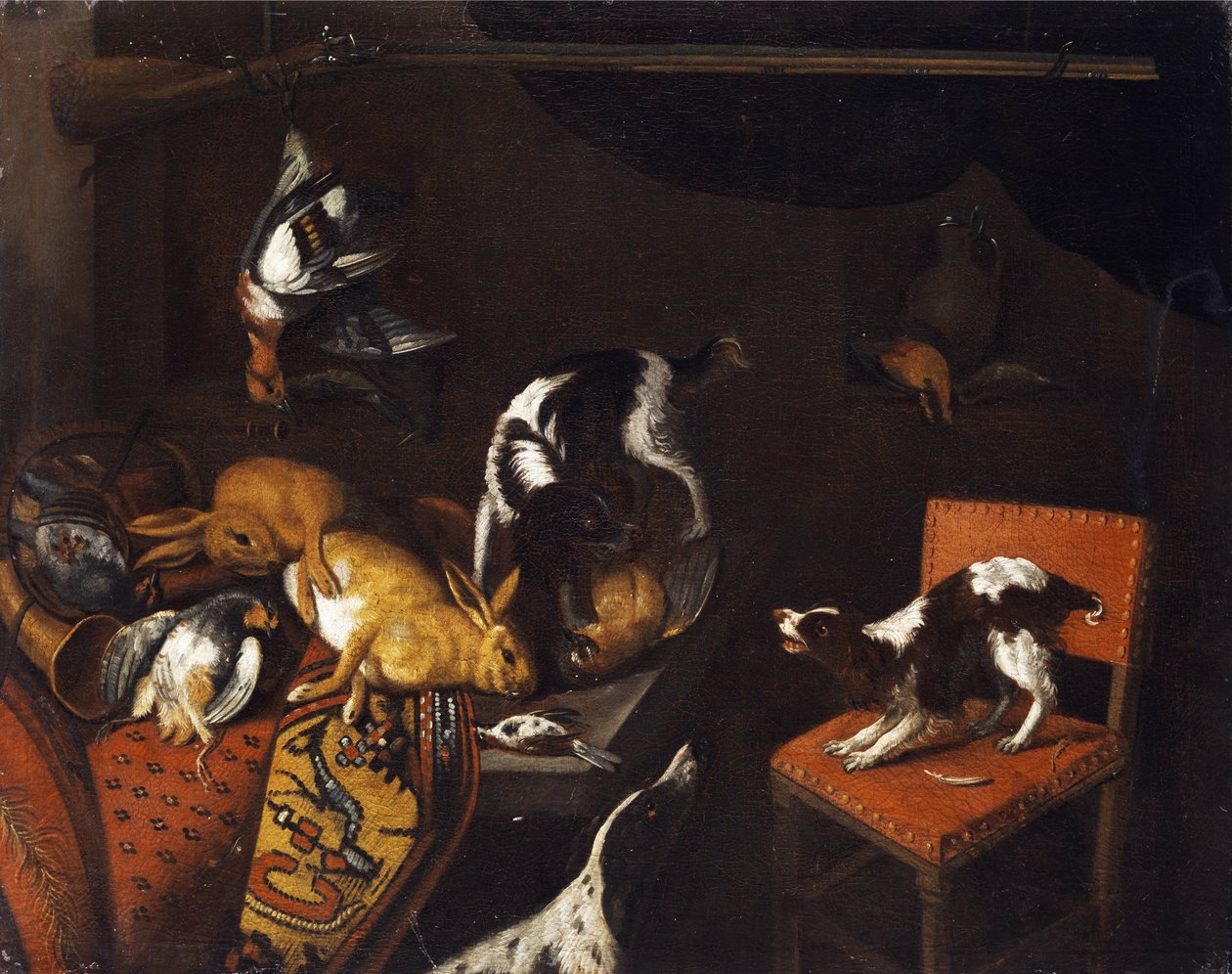 Stilleben med døde harer og fugle, lænestol, hunde, jagtpistol af Follower of Frans Snyders
