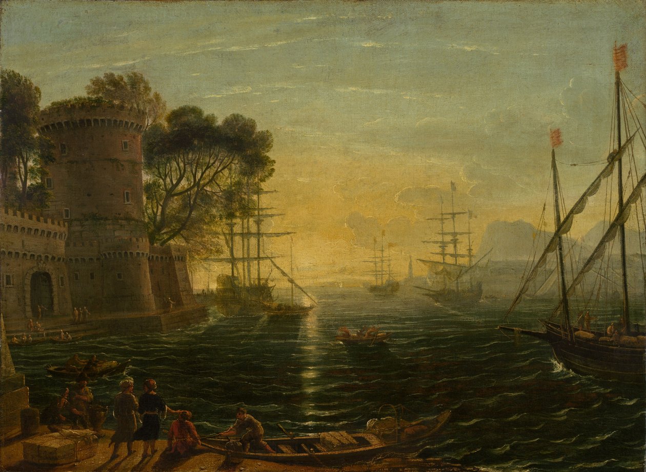 Havn ved solnedgang af Follower of Claude Lorrain