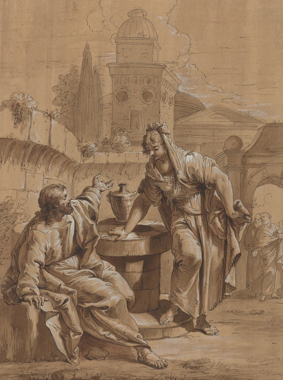 Kristus og Samarias kvinde af Follower of Francesco Fontebasso