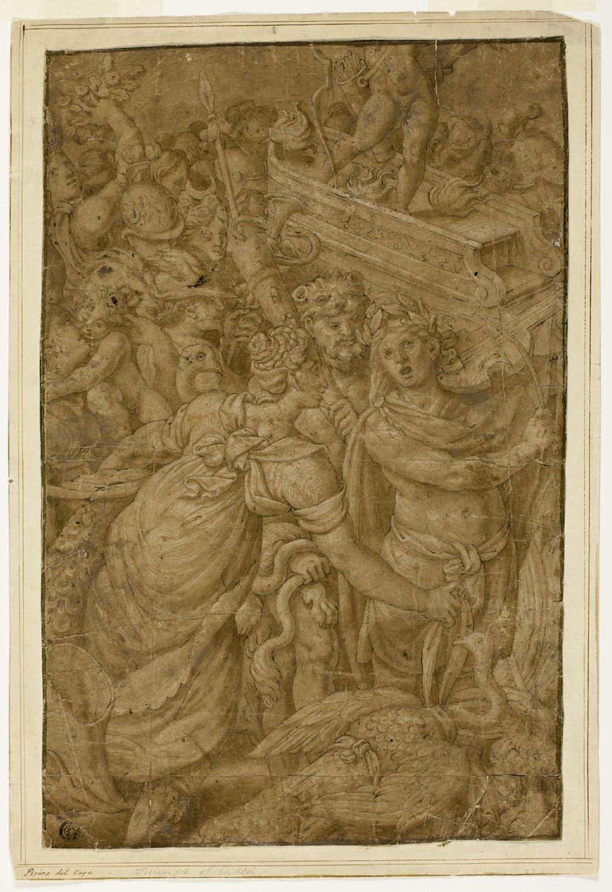 Amor i triumfvogn, ledsaget af guder og gudinder af Follower of Giulio Romano