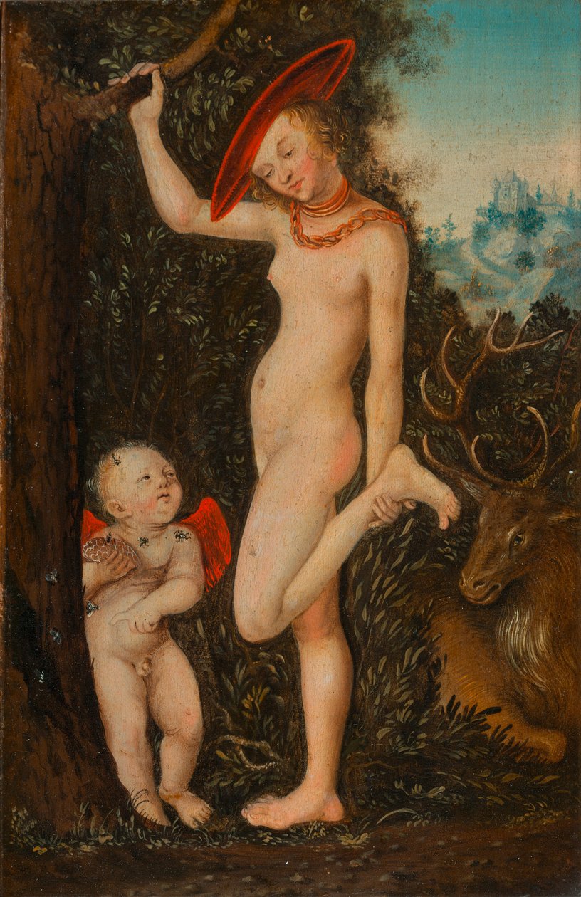 Venus og Amor, honningtyven af Follower of Lucas Cranach the Elder