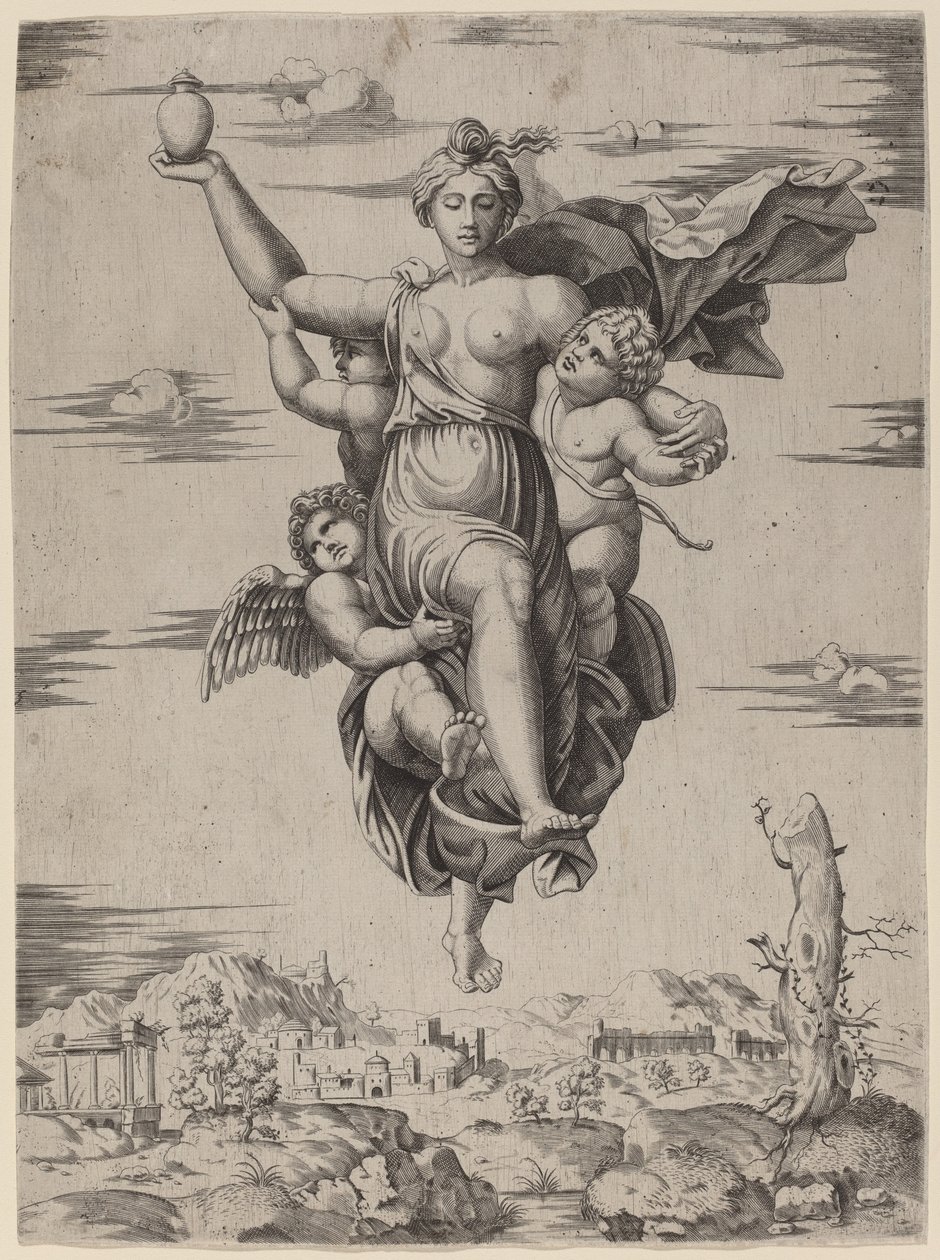 Psyche båret til Olympen af Follower of Marcantonio Raimondi after Raphael