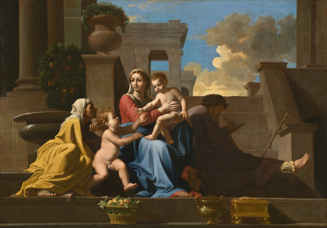 Den hellige familie på trappen af Follower of Nicolas Poussin