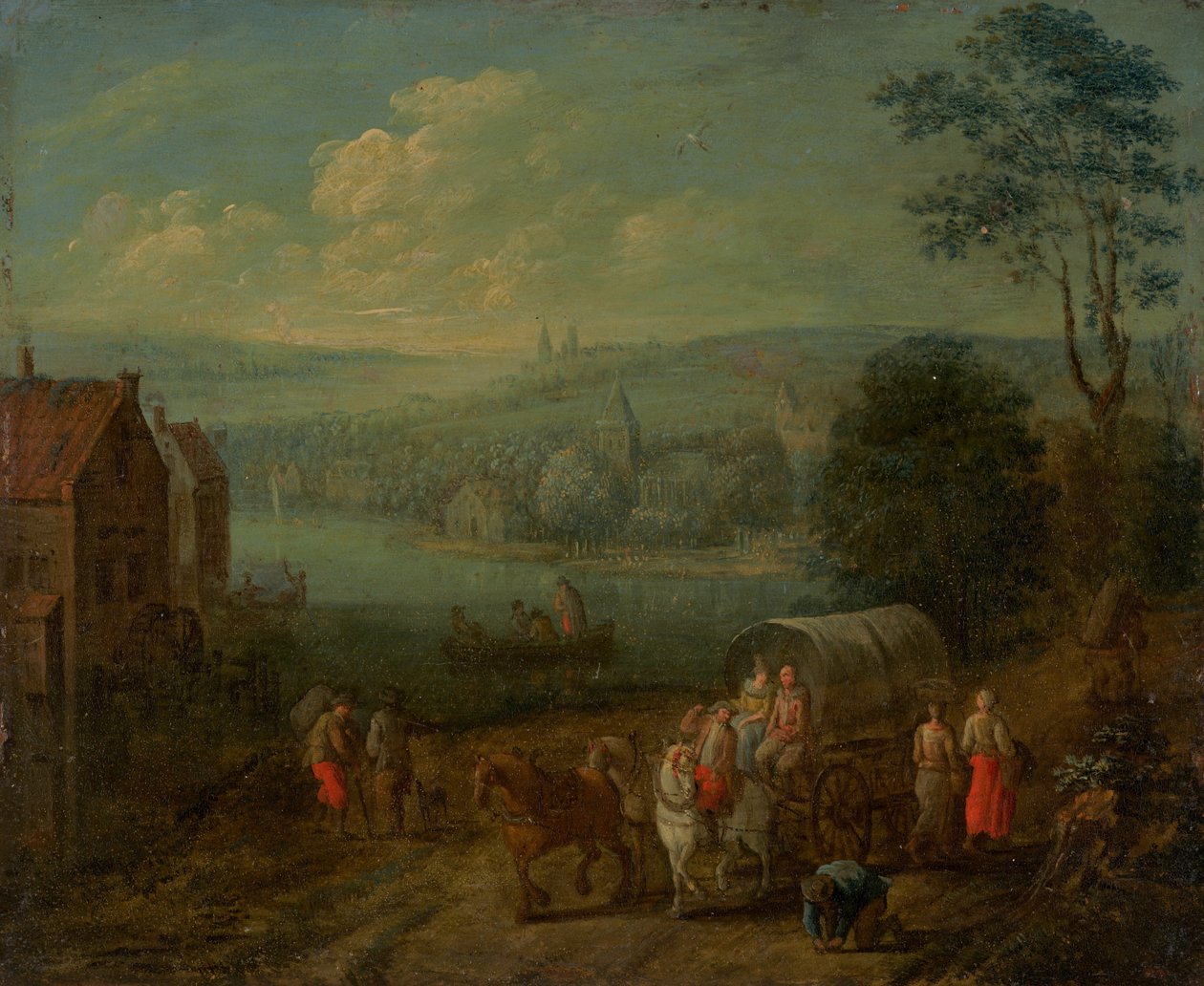 Flodlandskab med landsbyer og rejsende [verso] af Follower of Peeter Gysels