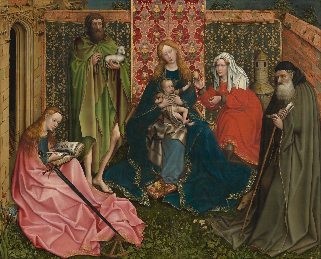 Madonna og barn med hellige i den lukkede have af Follower of Robert Campin