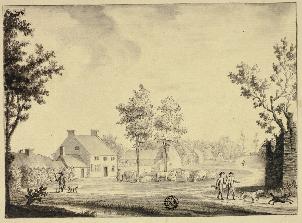 Jægere og kvægflok uden for landejendom af Follower of Samuel Hieronymus Grimm