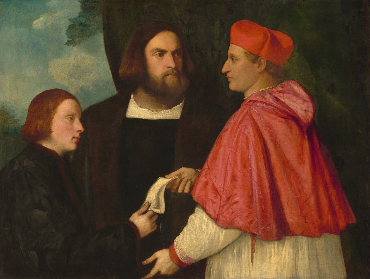 Girolamo og kardinal Marco investerer Marco, abbed af Carrara, med hans velsignelse af Follower of Titian