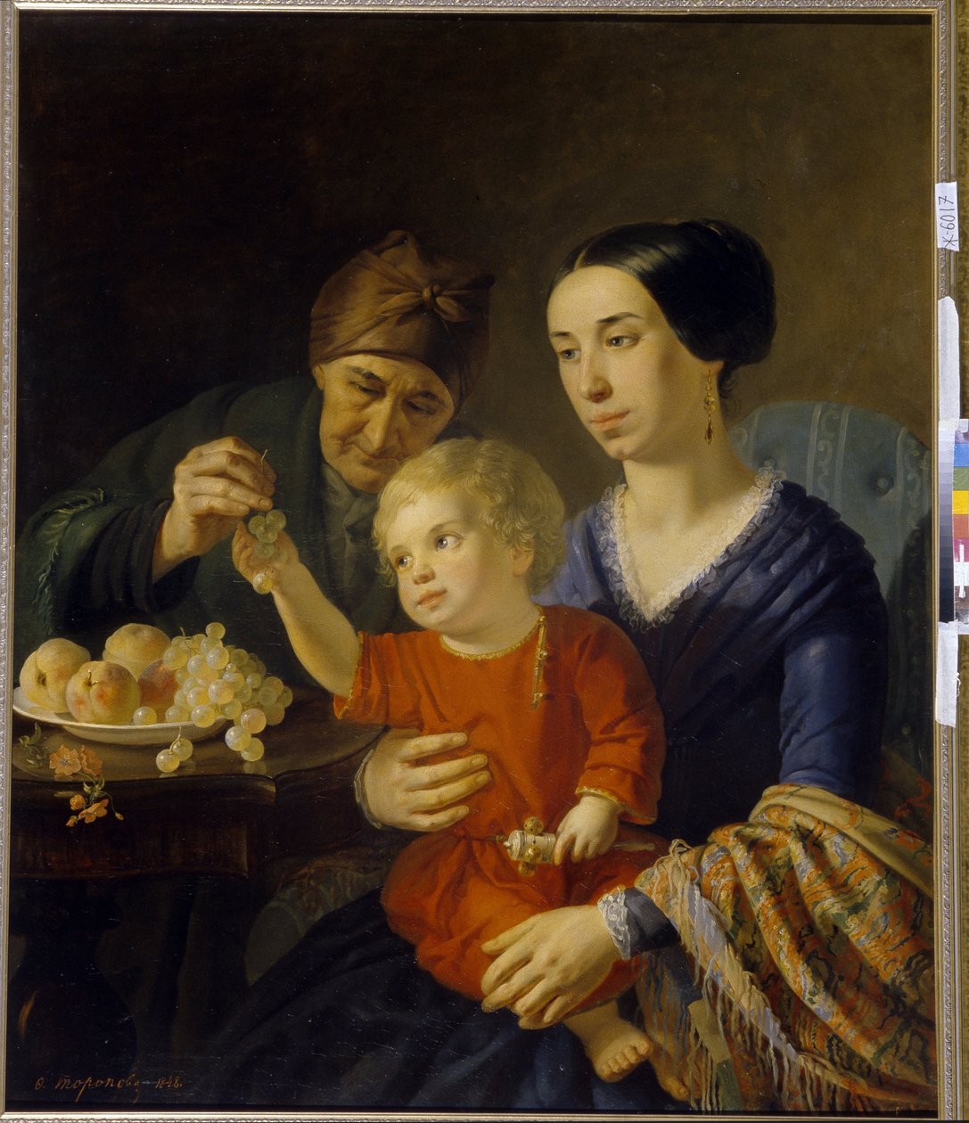 Familieportræt. En baby, der holder en rangle på sin mors skød, modtager nogle druer givet af sin bedstemor. Maleri af Foma Gavrilovich Toropov (1821-1898), olie på lærred af Foma Gavrilovich Toropov