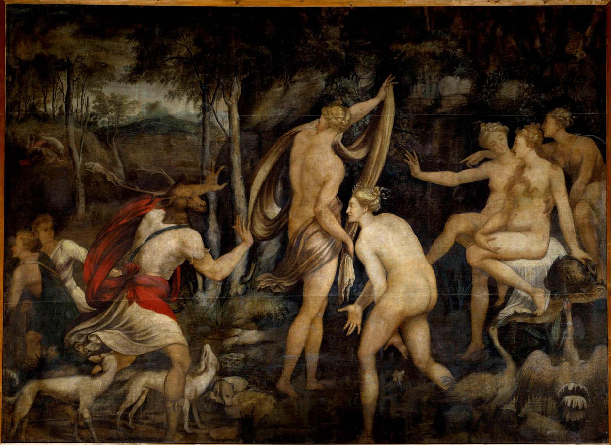 Diane (Artemis), jagtens gudinde, og Acteon, jægermaleri fra School of Fontainebleau (1500-tallet). Mål 2,65 x 3,67 m af Fontainebleau School