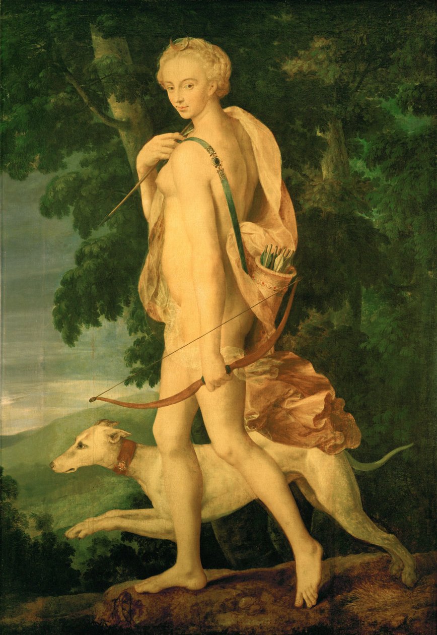 Diane chasseresse - Diana på jagt. Diana er Diane de Poitiers. Maleriet er inspireret af en bronze af Primaticcio ... af Fontainebleau School