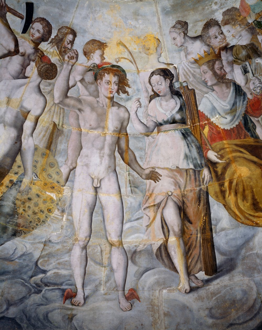 Mercury, budbringer af guder og Psyche, Janus til højre, fresker i Ligues forgyldte tårn, Fontainebleau-skolen, Tanlay Castle (16.-17. århundrede), Bourgogne, Frankrig af Fontainebleau School