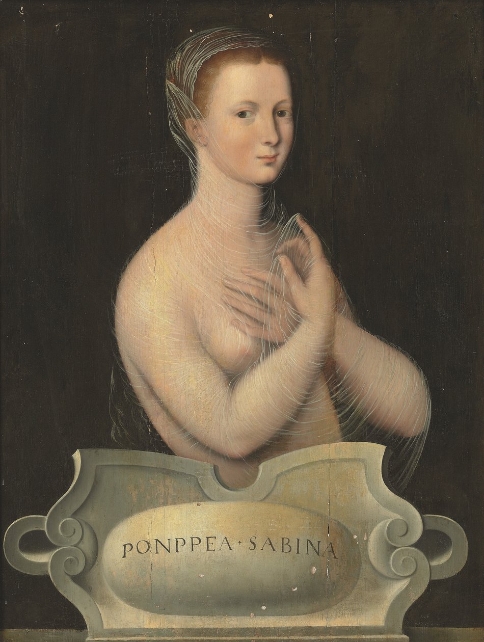 Portræt af Poppaea Sabina, halvfigur, i et gennemsigtigt slør, foran en stenkartouche (olie på panel) af Fontainebleau School