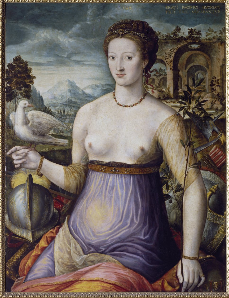 Fredsallegorien, eller Diane de Poitiers med en due Portræt af hertuginden af Valentinois Diane de Poitiers (1499-1566), kong Henrik II af Frankrigs favorit. Maleri af skolen i Fontainebleau, XVI århundrede. Firenze, Museo Nazionale del Bargel af Fontainebleau School