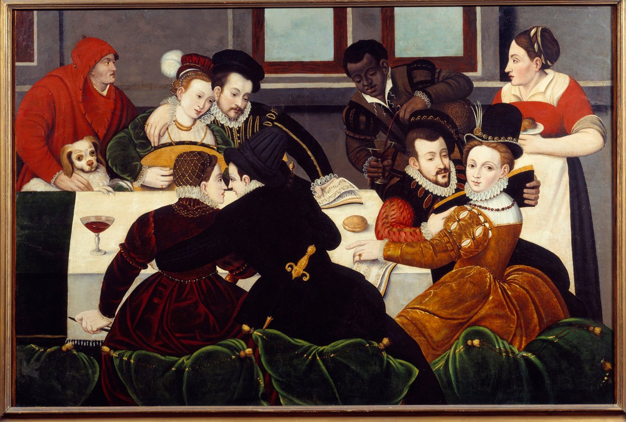 Det galante måltid Couples Enlaces, en tjener af sort hud. Maleri af skolen i Fontainebleau. 1500-tallet Aix en Provence, Musee Granet af Fontainebleau School