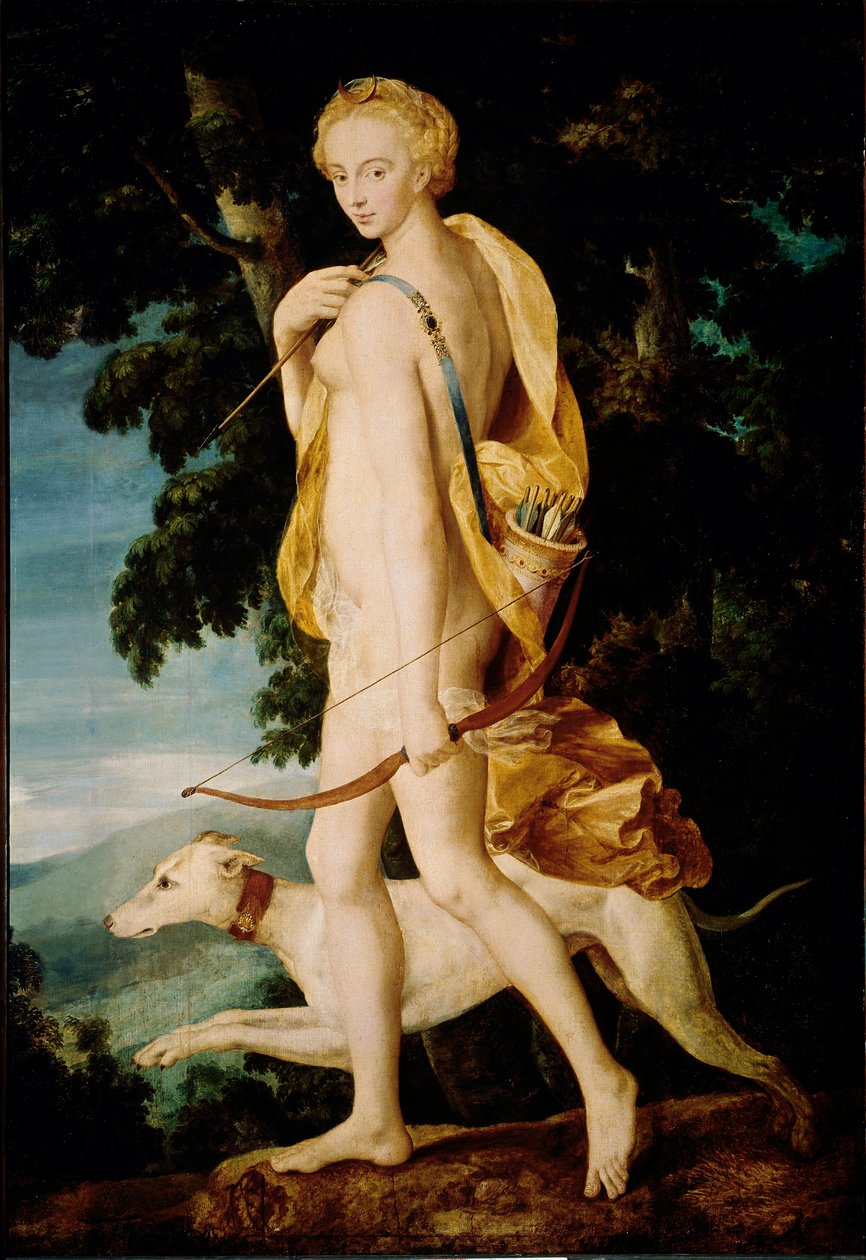 Gudinden med en bue er ledsaget af en hund. Maleri af skolen i Fontainebleau. 16. århundrede søn. 1,91 x 1,32 m Paris, Musée du Louvre af Fontainebleau School