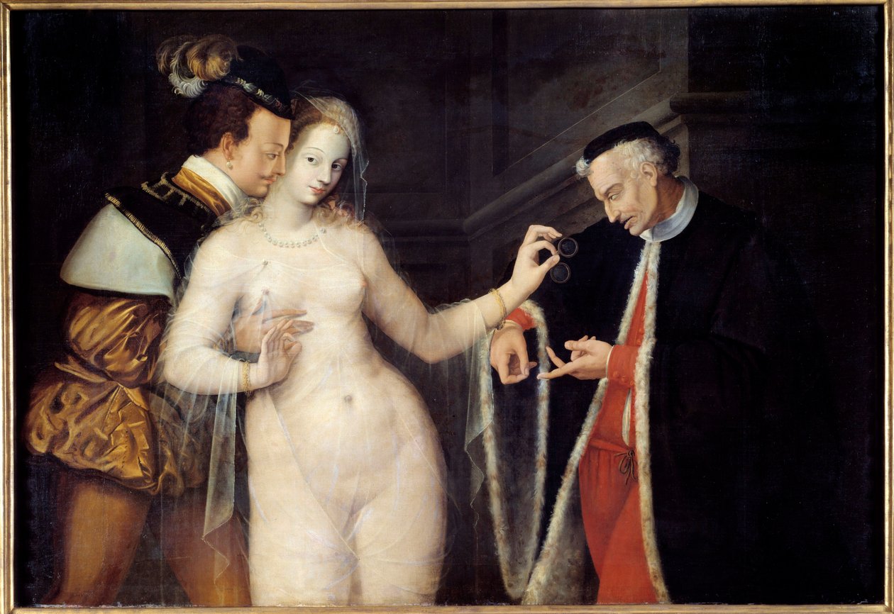 Kvinden mellem to aldre Scene, der repræsenterer en prostitueret bejlet af to mænd i forskellig alder. Maleri af skolen i Fontainebleau. 1588 Rennes, Museum of Fine Arts af Fontainebleau School