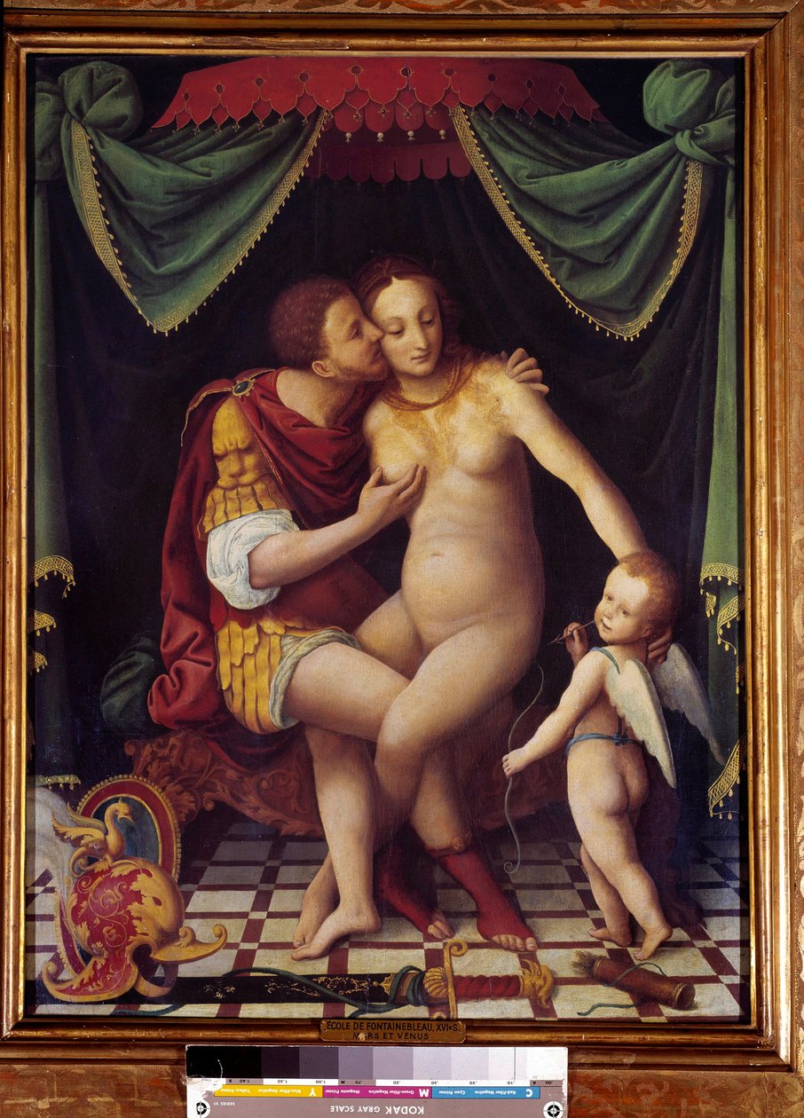 Venus og Mars Repræsentation af de to guder, der kysser. Maleri af skolen i Fontainebleau. af det 16. århundrede af Fontainebleau School