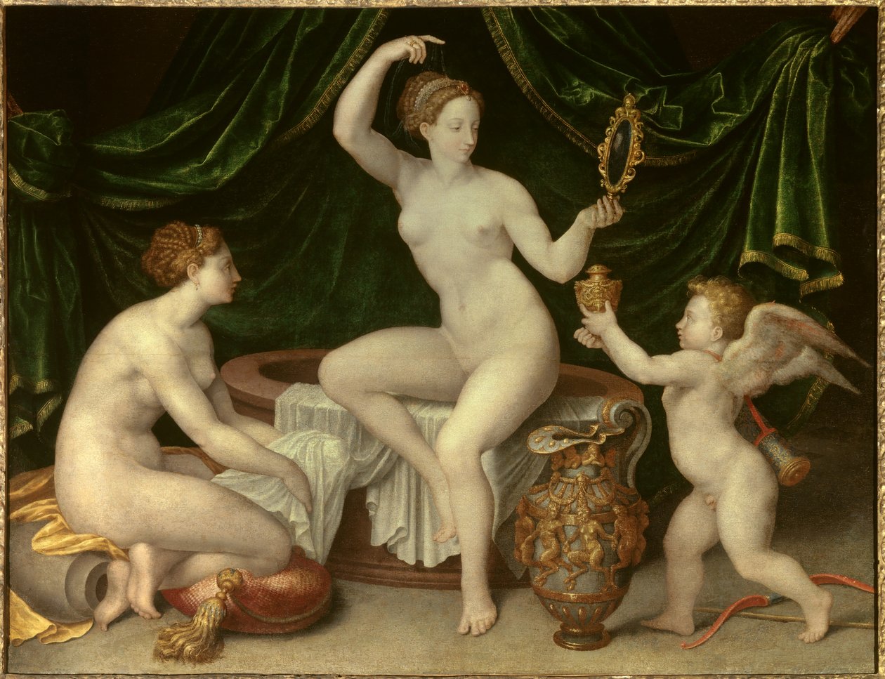 Venus har sit toilet Maleri af skolen i Fontainebleau. 16. århundrede. Svag. 0,97 x 1, 26 m - Venus toilet. Fontainebleau Skole.1500-tallet. 0,97 x 1,26 m. Louvre-museet, Paris af Fontainebleau School