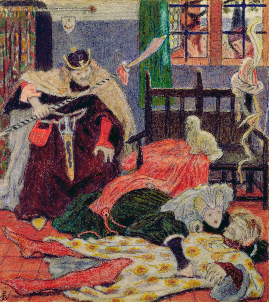 Sir Tristrams død, 1863 (wc og blyant) af Ford Madox Brown