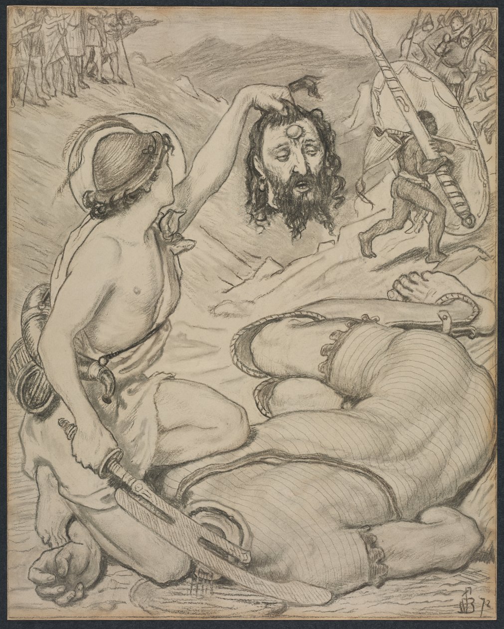 David og Goliath, tegneserie for farvet glasvindue på Jesus College, Cambridge af Ford Madox Brown