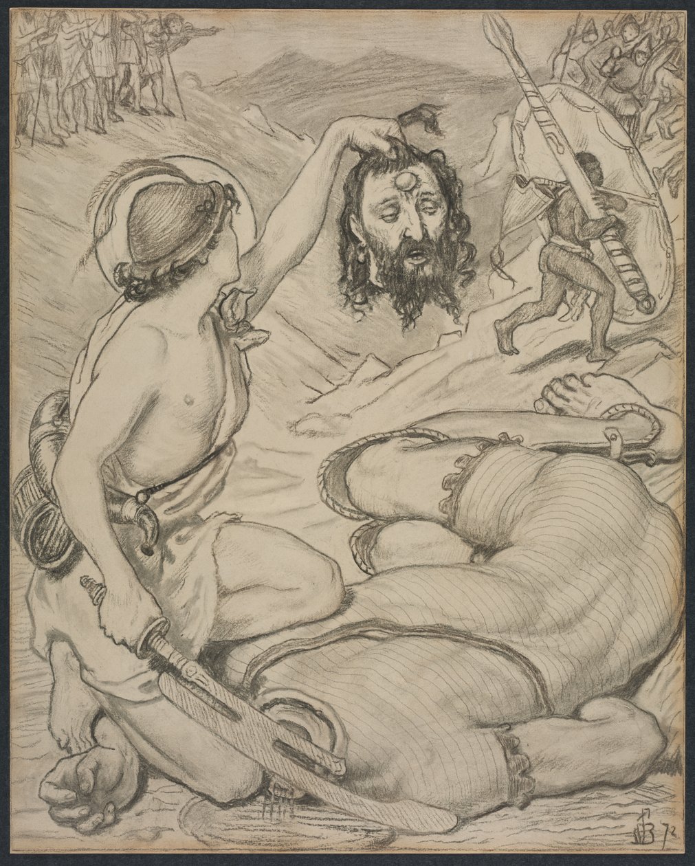 David og Goliath, tegneserie for farvet glasvindue på Jesus College, Cambridge, 1872. af Ford Madox Brown