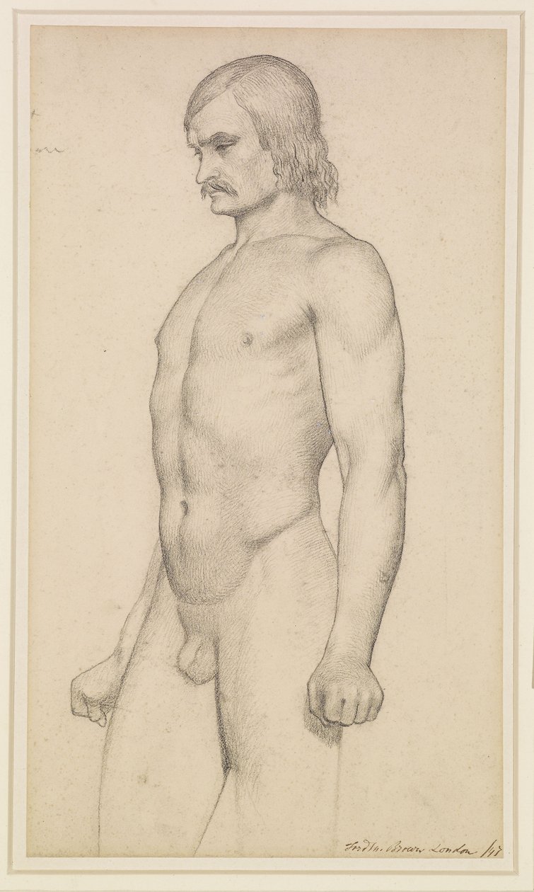Mandlig nøgenmodel - Akademisk studie, nøgenmodel i trekvart længde, med overskæg og knyttede næver af Ford Madox Brown