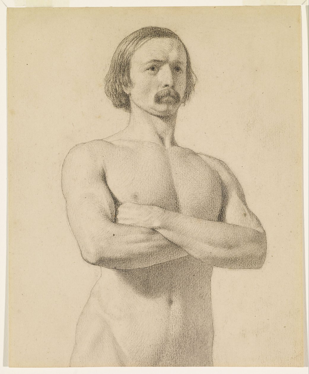 Mandlig nøgen - Akademisk nøgenstudie, halv længde med overskæg og foldede arme af Ford Madox Brown