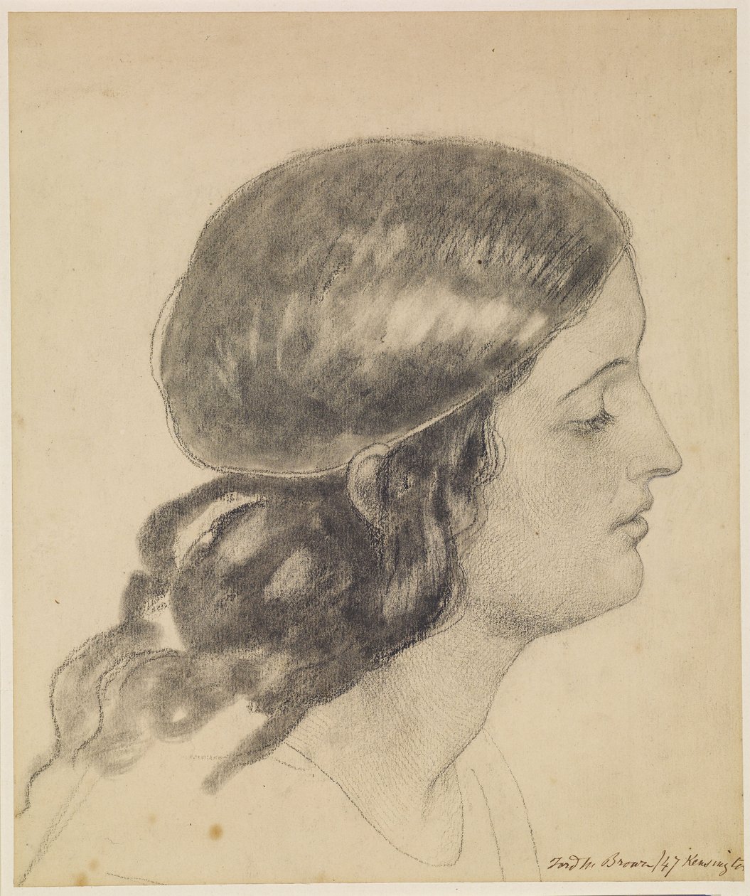 Oure Ladye of Saturday Night - Studie af hovedet af en engel, der holder en skål med vand af Ford Madox Brown