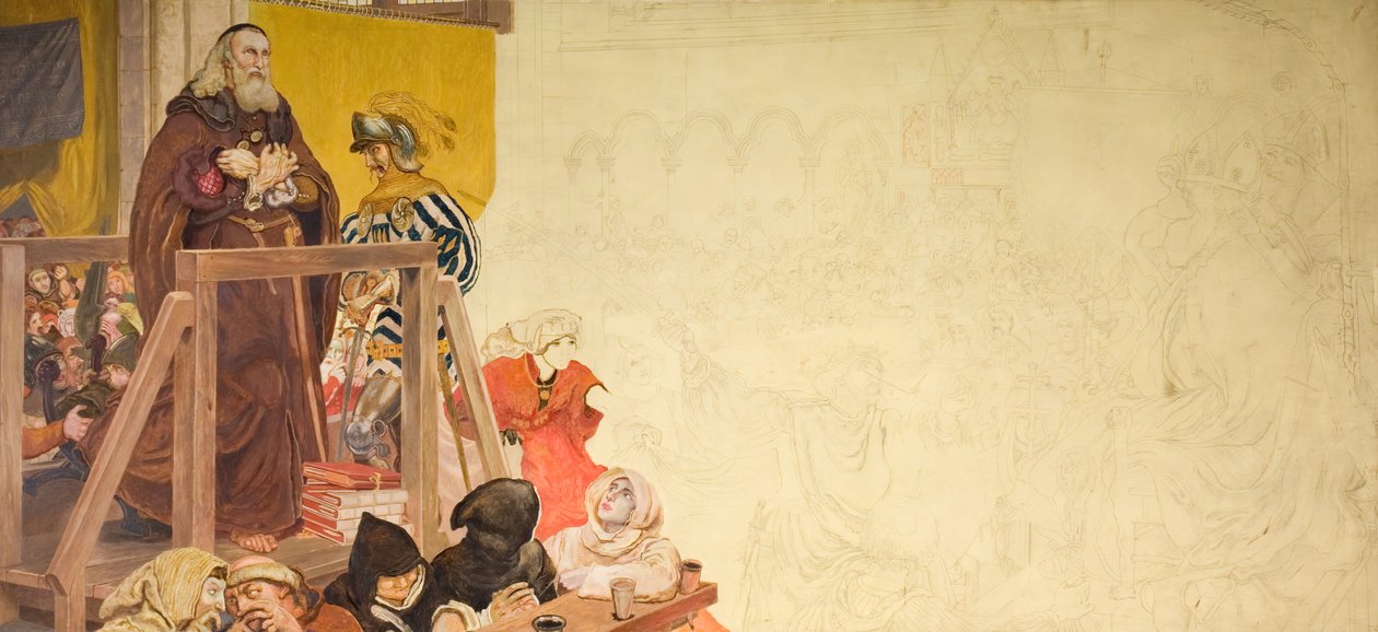 Wycliffe på hans retssag, 1893. af Ford Madox Brown