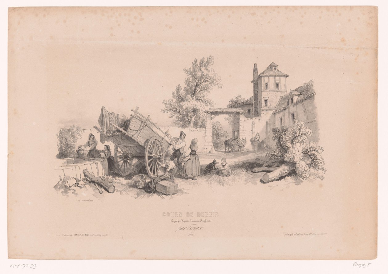 Gård med brønd, høvogn og diverse figurer Tegnekursus med studier af landskaber, dyr og detaljer (serietitel) Kursus designet. Paysages, figurer, animaux, tilbehør, af Férogio (serietitel på objekt) af Fortuné Ferogio