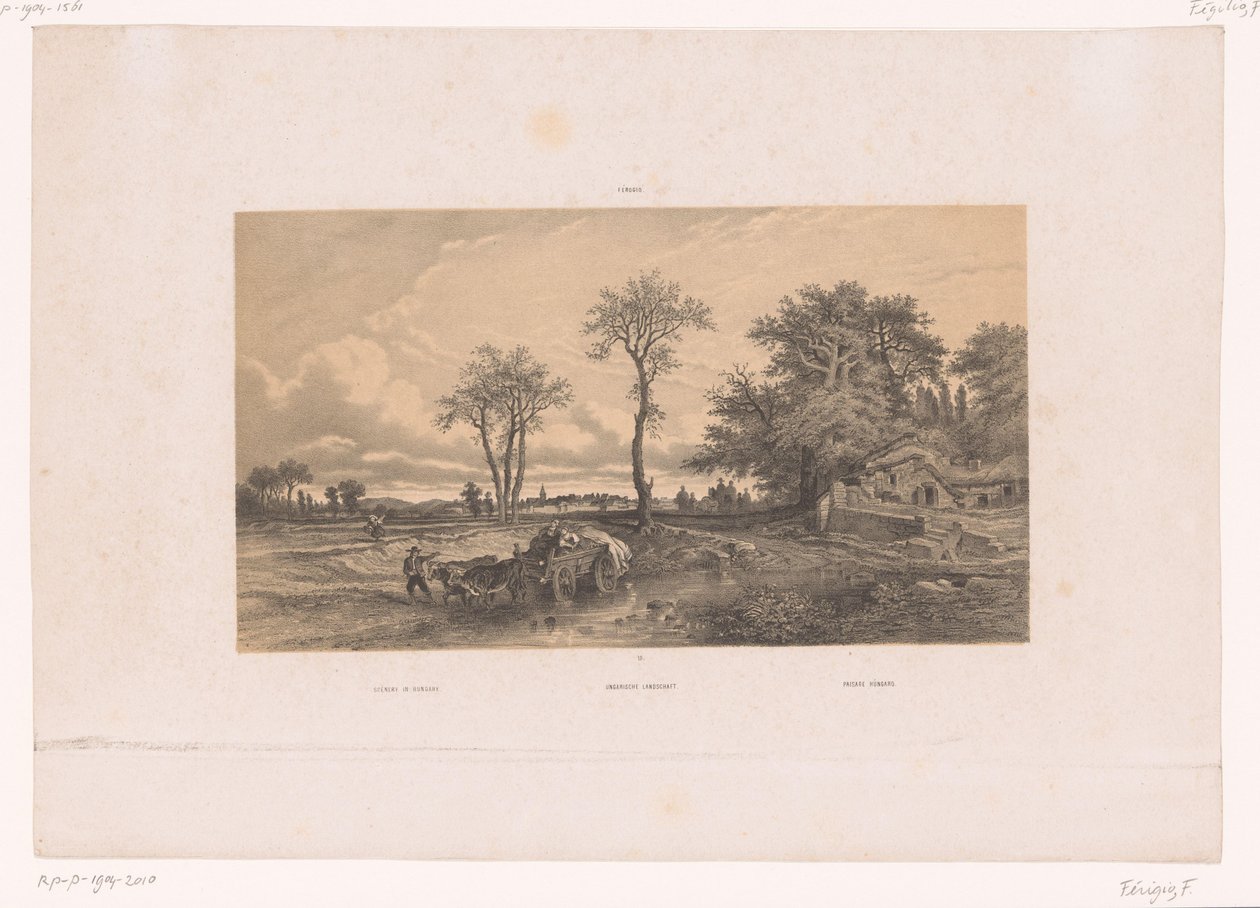 Gårdvogn med okser i et ungarsk landskab Landskab i Ungarn / Ungarische Landschaft / Paisage Húngaro (titel på objektet) Figurer i et landskab (serietitel) af Fortuné Ferogio