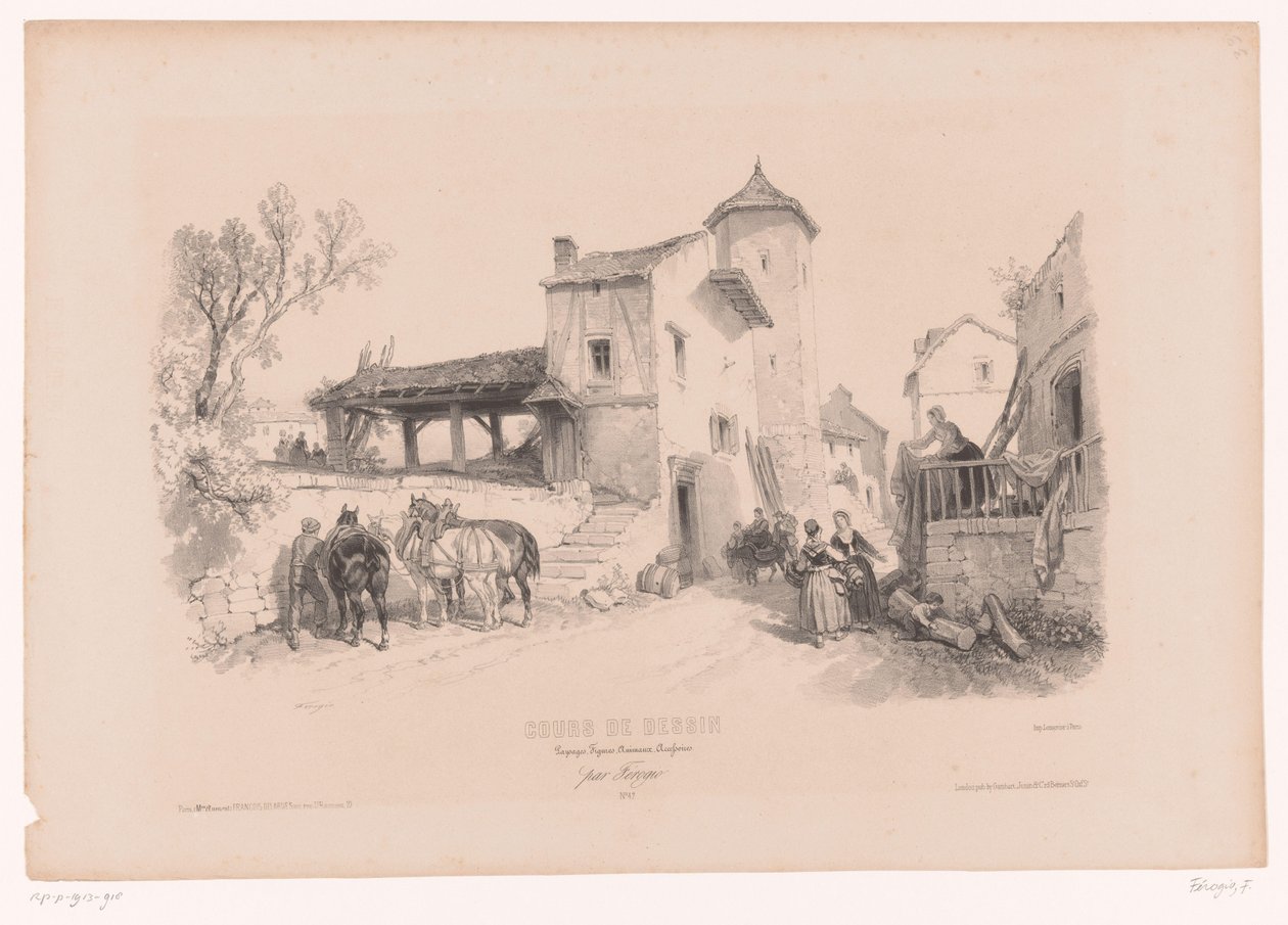 Landsbygade med heste og forskellige figurer Tegnekursus med studier af landskaber, dyr og detaljer (serietitel) Kursus designet. Paysages, figurer, animaux, tilbehør, af Férogio (serietitel på objekt) af Fortuné Ferogio