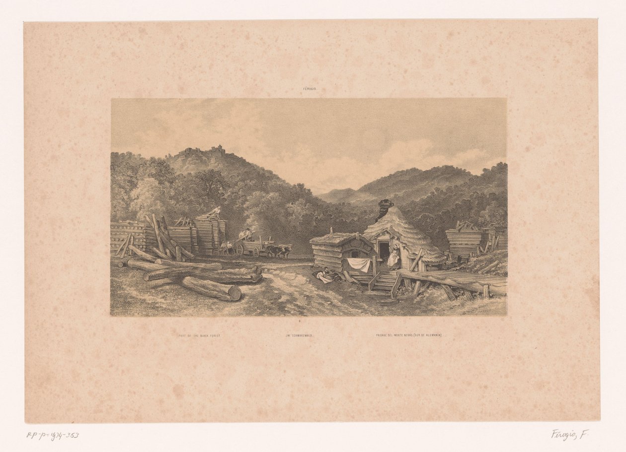Skovhuggere i Schwarzwald En del af Schwarzwald / Im Schwarzwald / Paisage del Monte Negro (Sur de Alemania) (titel på objektet) Figurer i et landskab (serietitel) af Fortuné Ferogio