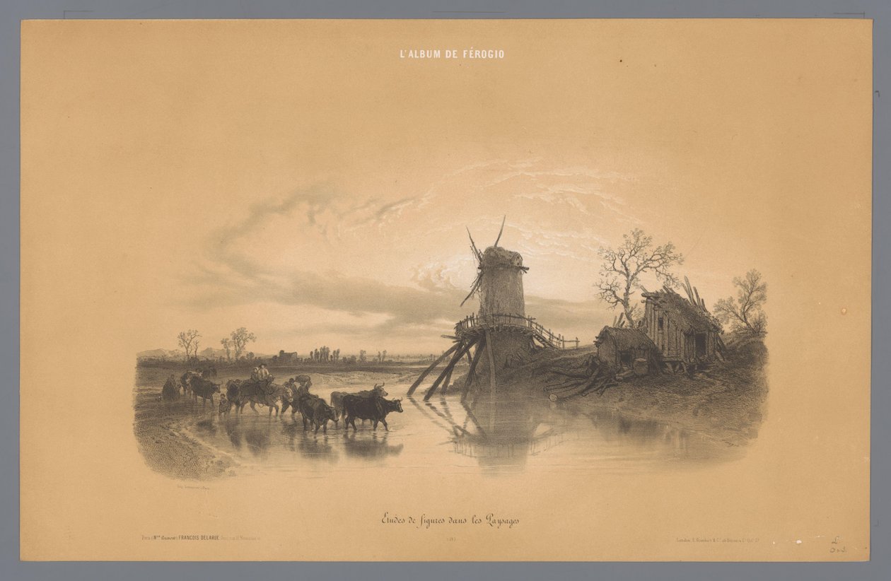 Mølle med mennesker og dyr, der vader gennem vandet Studier af figurer i et landskab (serietitel) L