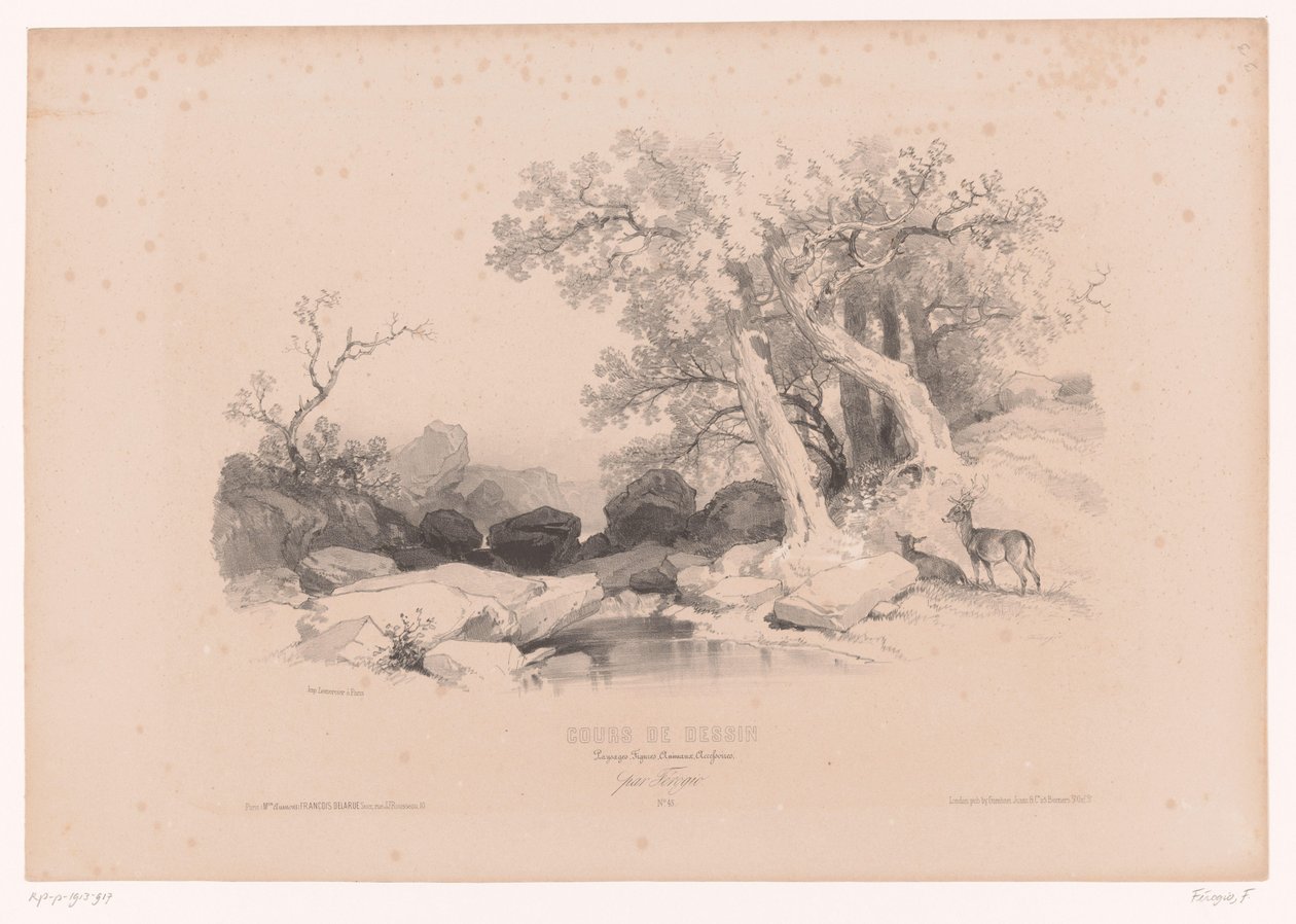 Klippelandskab med vand og to hjorte Tegnekursus med studier af landskaber, dyr og detaljer (serietitel) Kursus designet. Paysages, figurer, animaux, tilbehør, af Férogio (serietitel på objekt) af Fortuné Ferogio