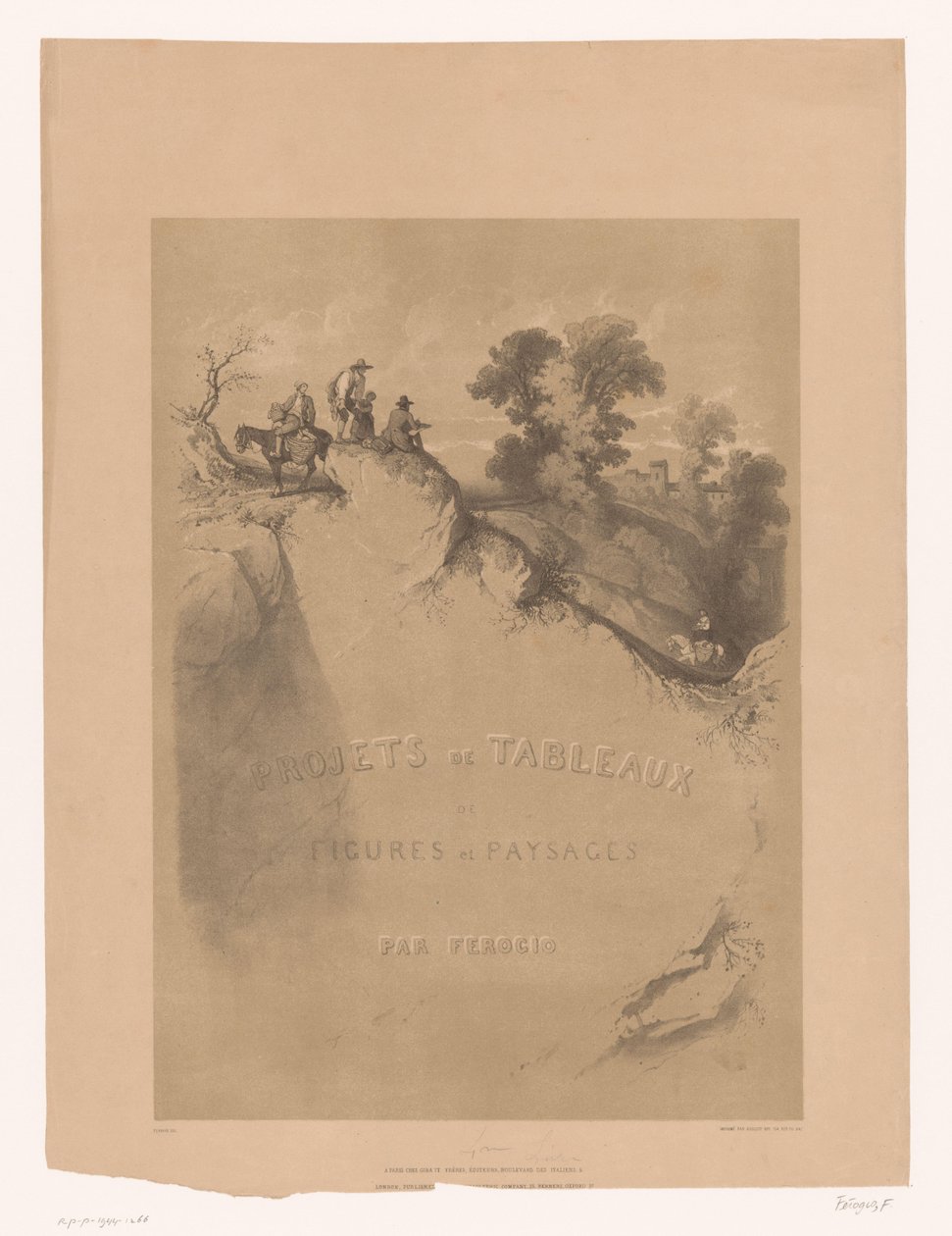 Titeltryk med klippelandskab og rejsende langs en kløft Landskabs- og figurstudier af Férogio (serietitel) Projets de tableaux de figures et paysages, par Férogio (serietitel på objekt) af Fortuné Ferogio